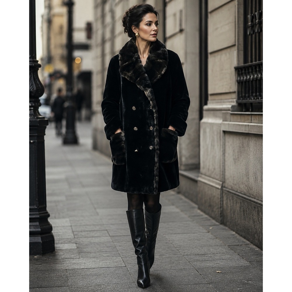 Vintage 1960s Borgana by Fairmoor Black Faux Fur Coat Glam Mod